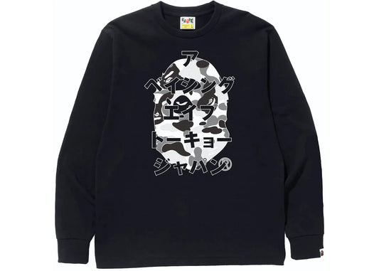 BAPE APE HEAD ABC GREY CAMO JAPANESE LETTERS L/S TEE "BLACK"