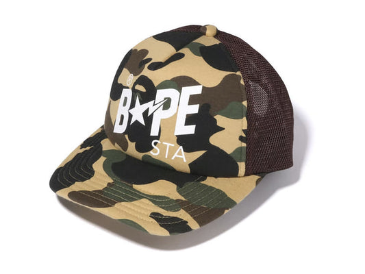 BAPE STA LOGO TRUCKER HAT "YELLOW CAMO"