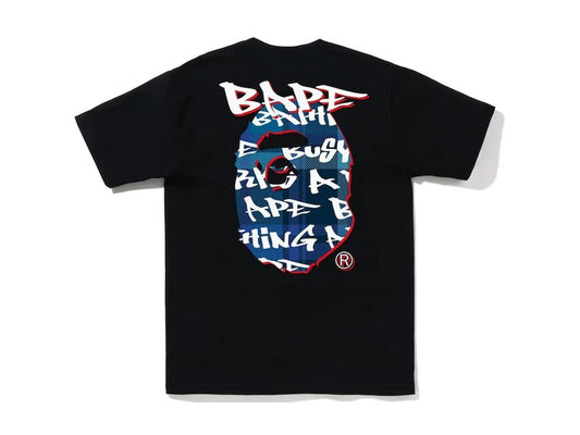 BAPE APE HEAD BLUE GRAFFITI CHECK FB TEE "BLACK"