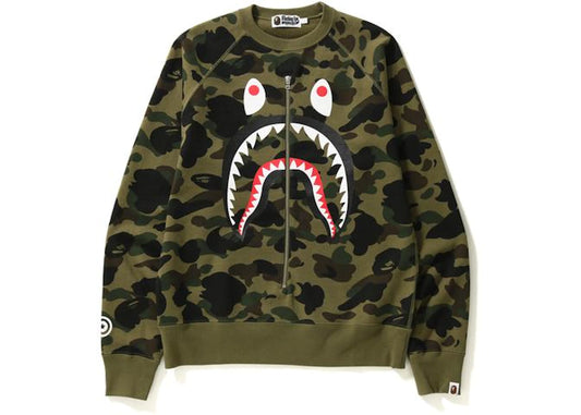 BAPE 1ST CAMO SHARK ZIP CREWNECK GREEN CAMO