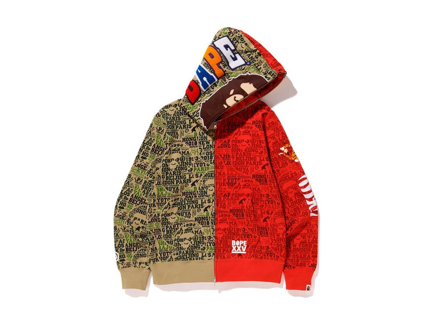 BAPE TIGER SHARK ZIP HOODIE "RED/GREEN CAMO HALF HOOD"