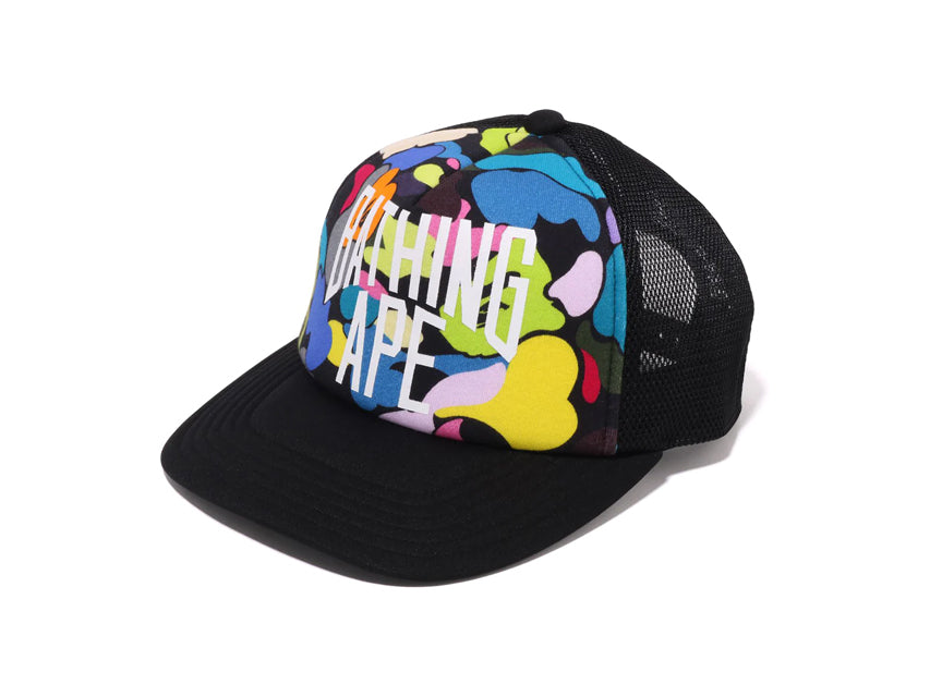 BAPE NYC LOGO TRUCKER HAT "BLACK MULTI CAMO"