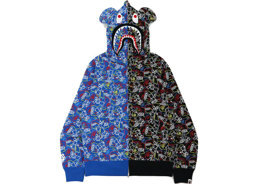 BAPE X MEDICOM TOY BEARBRICK CAMO BEAR SHARK HALF FULL ZIP HOODIE " MULTI"