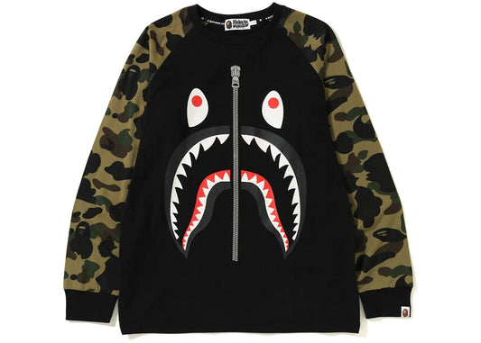 BAPE SHARK L/S TEE "BLACK/GREEN CAMO SLEEVES"