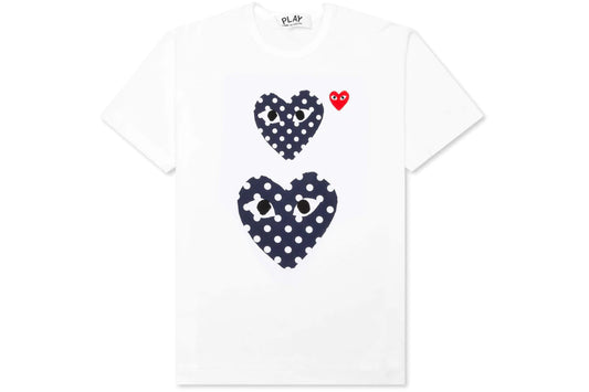 CDG PLAY DOUBLE RED/BLUE/WHITE DOT HEART TEE "WHITE"