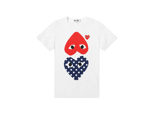 CDG PALY DOUBLE RED AND BLUE/WHITE DOT HEART TEE "WHITE"