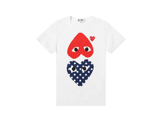 CDG PLAY DOUBLE RED & BLUE/WHITE DOT HEART TEE "WHITE"